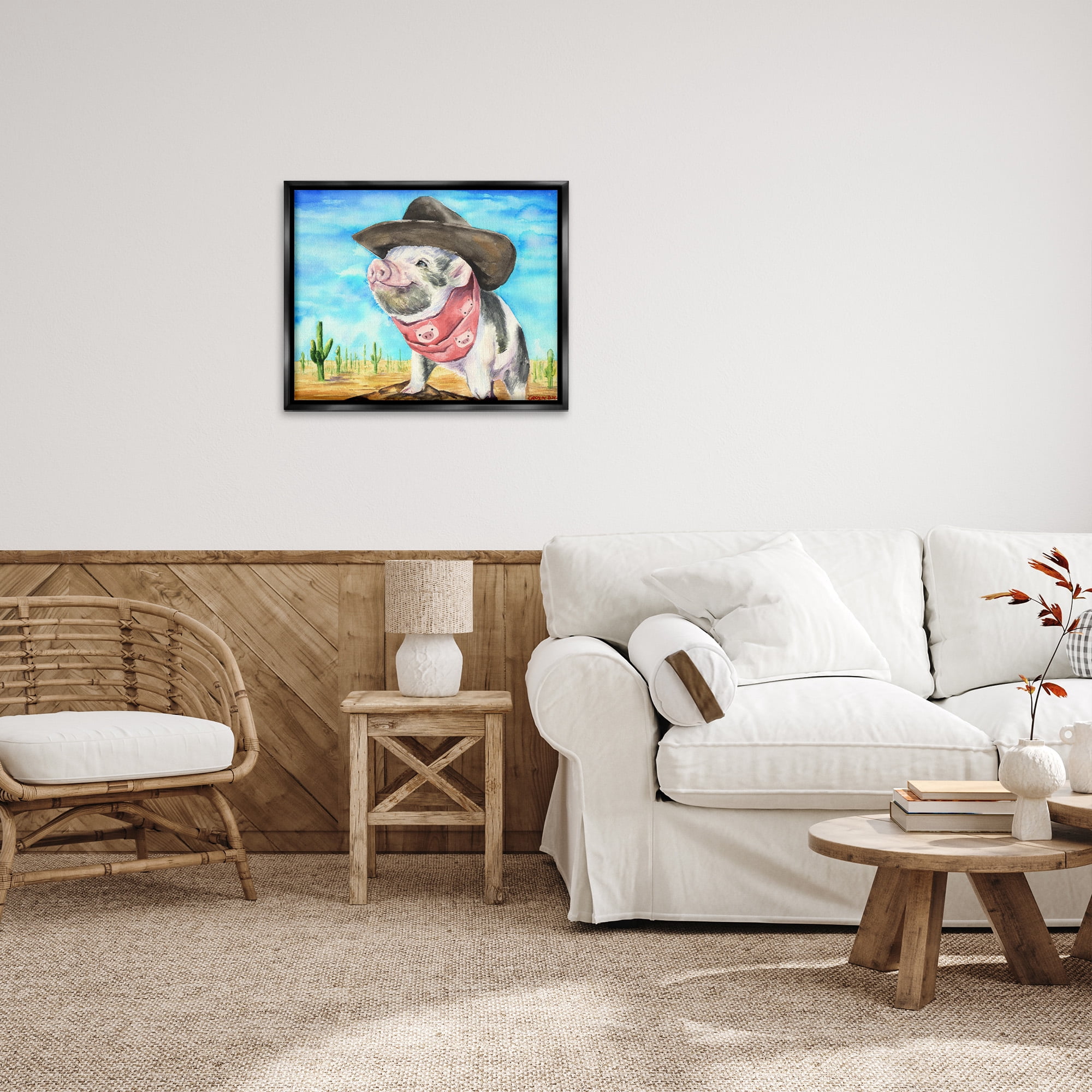 Stupell Industries Wild West Cowboy Pig Animals & Insects Painting Black Floater Framed Canvas Art Print Wall Art, 31 x 25