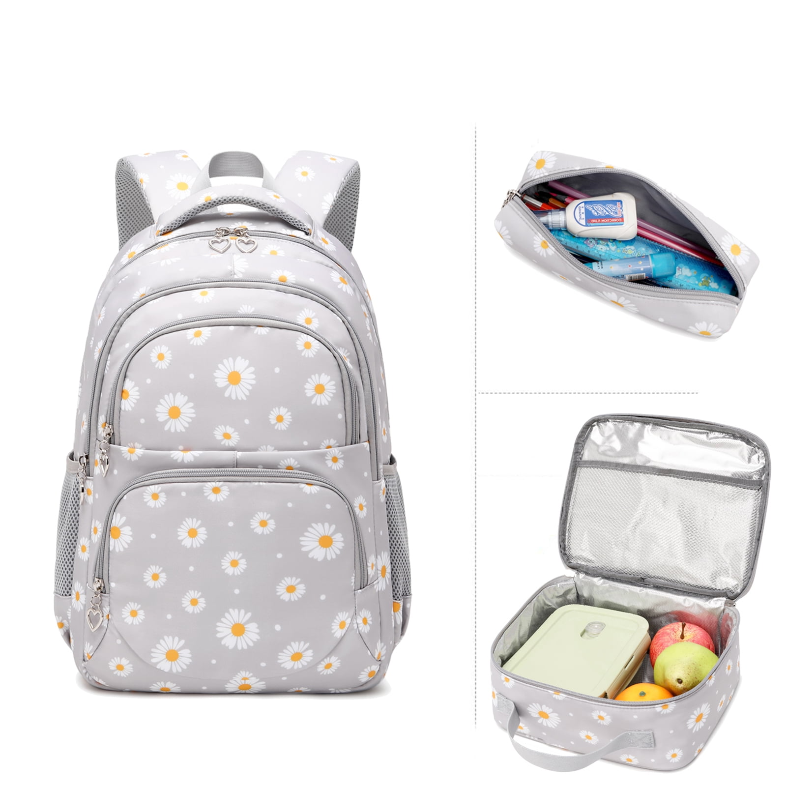 Forestfish 3-Piece Backpack Set for School,Large Capacity Teen Backpack with Insulated Lunch Bag & Pencil Case,Waterproof with Laptop Compartment & Side Pocket(Daisy A/Gray)