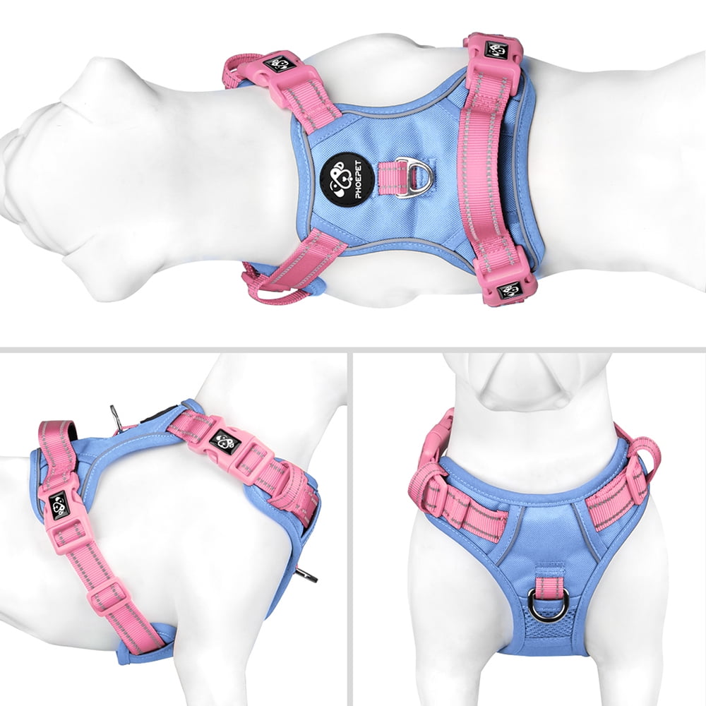 PHOEPET No Pull Dog Harness, Unique Colors Reflective Adjustable Dog Vest, with Soft Training Handle Metal Clips for Small Medium Large Dogs (Baby Blue Base & Pink Straps)