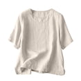 thumbnail image 2 of Summer Linen Shirts for Women 2026 Trendy Short Sleeve Boho Tops Dressy Casual Crewneck Vacation Tunic Blouse Light Gray M, 2 of 4