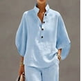 thumbnail image 5 of pstuiky Two Piece Sets for Women Summer Solid Color Cotton Linen Sets Batwing Sleeve V Neck Button Shirts and Wide Leg Pants Set Matching Lounge Set Casual Outfit Light Blue,L, 5 of 9