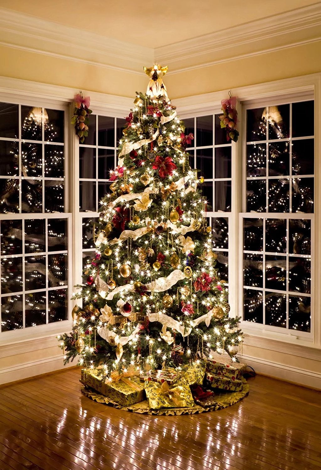 6.5X10FT-Happy Christmas Tree Gift Photography Backdrops Flags Wood Floor Photo Studio Background 