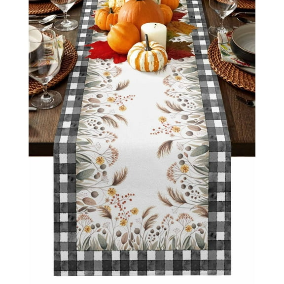 Fall Table Runner Thanksgiving Autumn Reed Table Runners Wildflower Black Plaid Cotton Linen Dresser Scarf Kitchen Dining Table Decor for Fall Holiday Party Decor 13x36 Inch