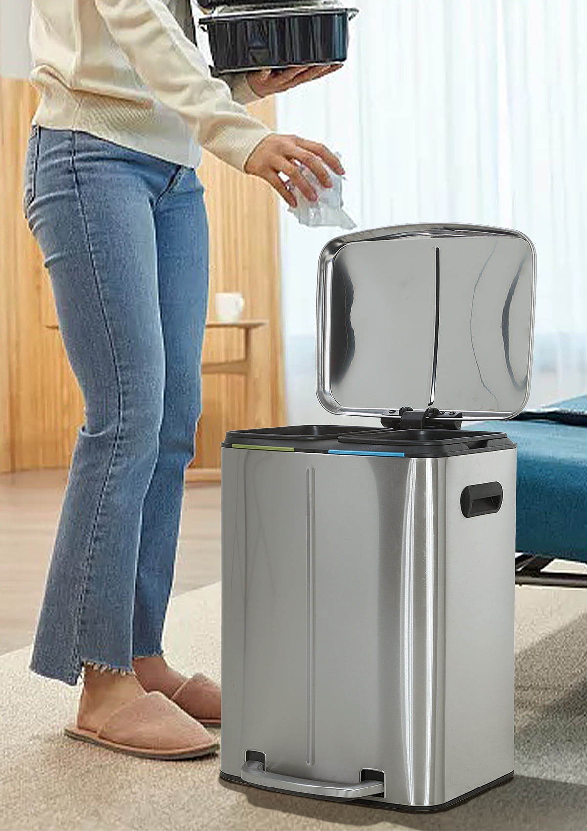 40 Liter /10 Gallon Stainless Steel Trash Can,Double bucket kitchen trash can with lid Suitable for home, kitchen, office, silent ladder trash can, anti-fingerprint large recycling trash can