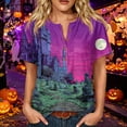 thumbnail image 2 of Women’s Halloween Handprint Graphic Henley Button Neck Short Sleeve Cotton Linen Shirt with Chest Pocket Casual Fit, 2 of 7