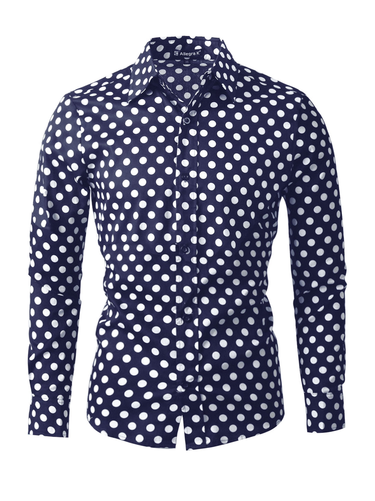 Unique Bargains - Men's Button Down Slim Fit Long Sleeve Polka Dots Dress Shirts M US 40 Navy