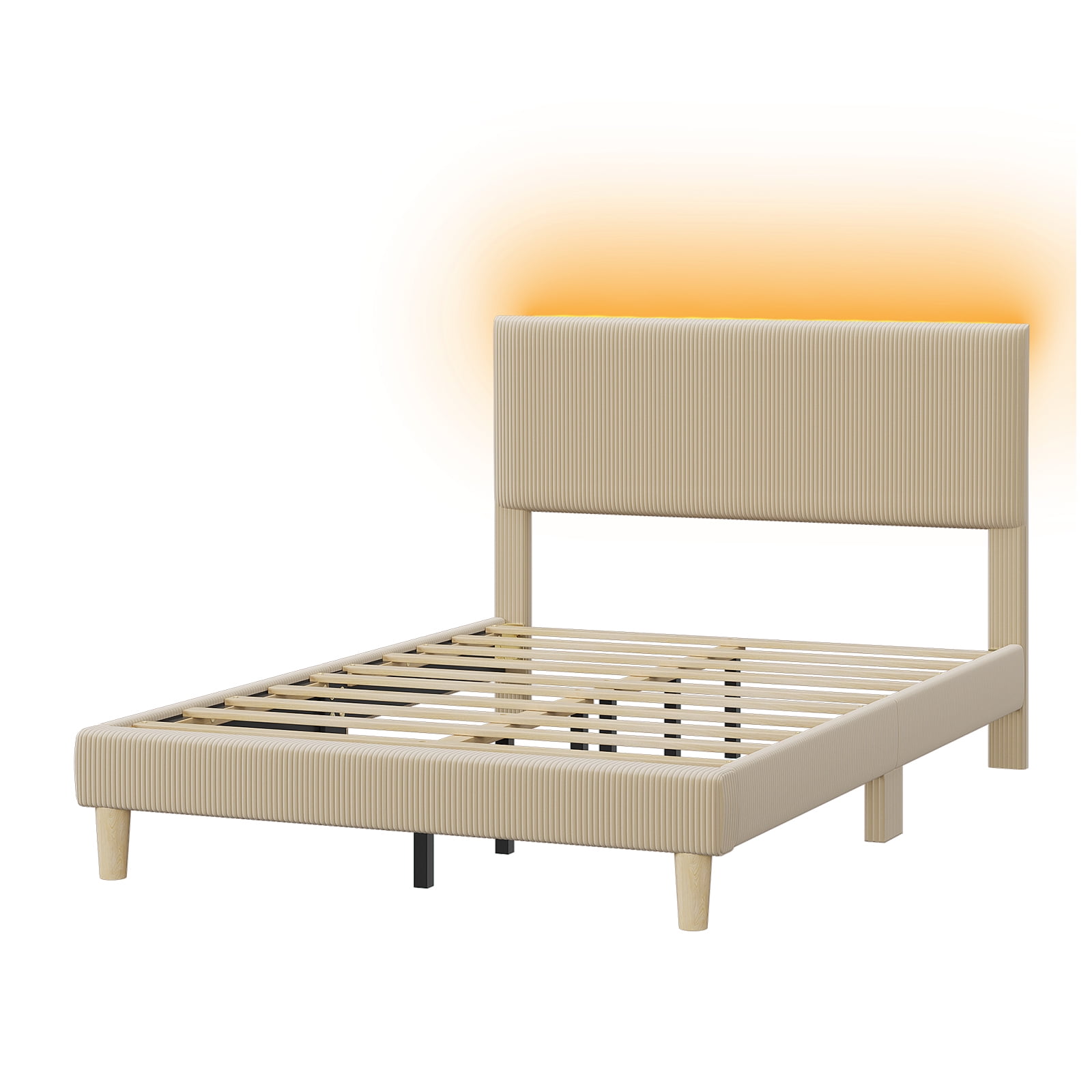 Bestier Corduroy Upholstered Full Bed Frame with Adjustable Headboard, Platform Bed Frame with LED Light, Solid Wood Slats, No Box Spring Needed, Beige