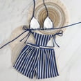 thumbnail image 4 of CIENVNSTG Halter Striped Three Pieces Swimwear Womens Bohemian Bikini Set Equipped With Cover Up Shorts Casual Holiday Bathing Suit Navy L, 4 of 4