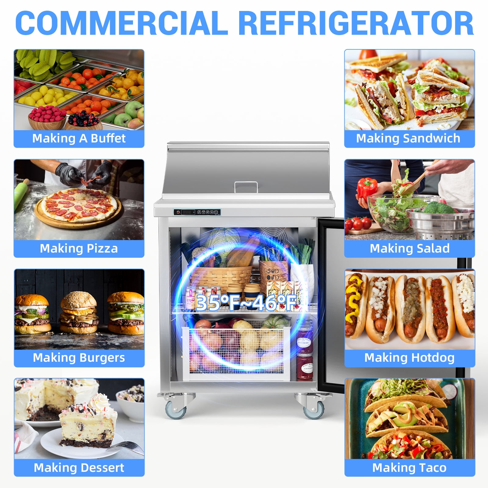Commercial Refrigerator, 28" Undercounter Worktop Refrigerator,7.4 cu. ft W Single Door Thick Stainless Steel Refrigerator Sandwich Salad Prep Station Cooling with Cutting Board and 8 Pans