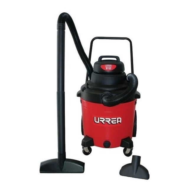 aspiradora de plástico 18 gal 2hp 120v uso pesado as818 urre Aspiradora de plástico 18 gal con tanque montado sobre ruedas y manija superior, manguera flexible y dos extensiones; incluye boquilla de 14" y boquilla adicional; color amarillo, 2 HP, 120 V, marca Urrea. También suele usarse para limpieza de talleres o retiro de polvo en áreas de trabajo.