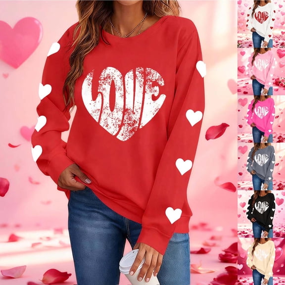 Itsame Long Sleeve Heart T-Shirts Women's Valentine's Sweatshirt Loose Crew Neck Tops Hot Pink Size XS