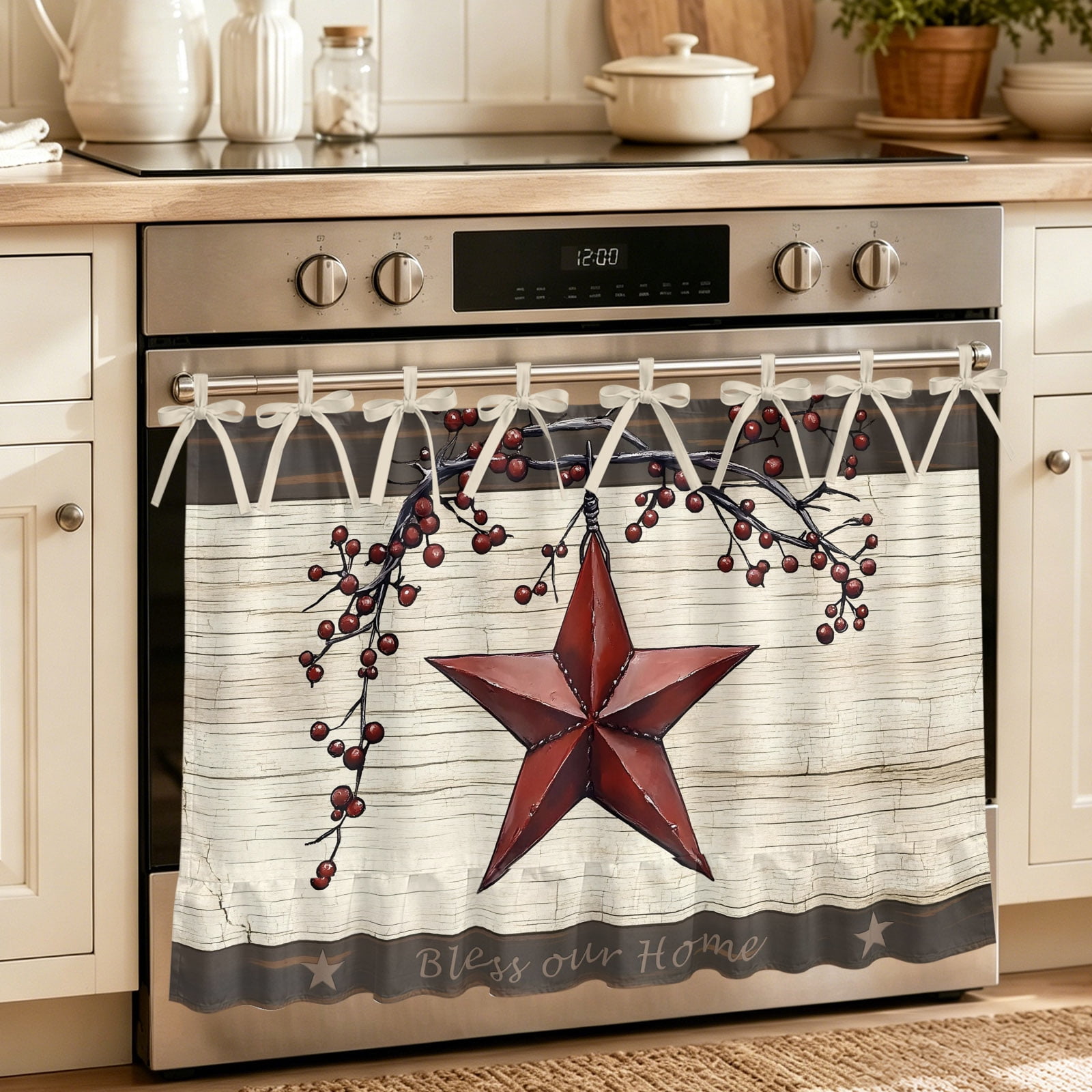 Texas Star Red Oven Curtain with Tie Top Oven Skirt Curtain for Kitchen Farmhouse Berry Wooden Vintage Under OvenCover Panel for Dust & Grease Protection Apartment RV Cabinet Curtains 27 x20