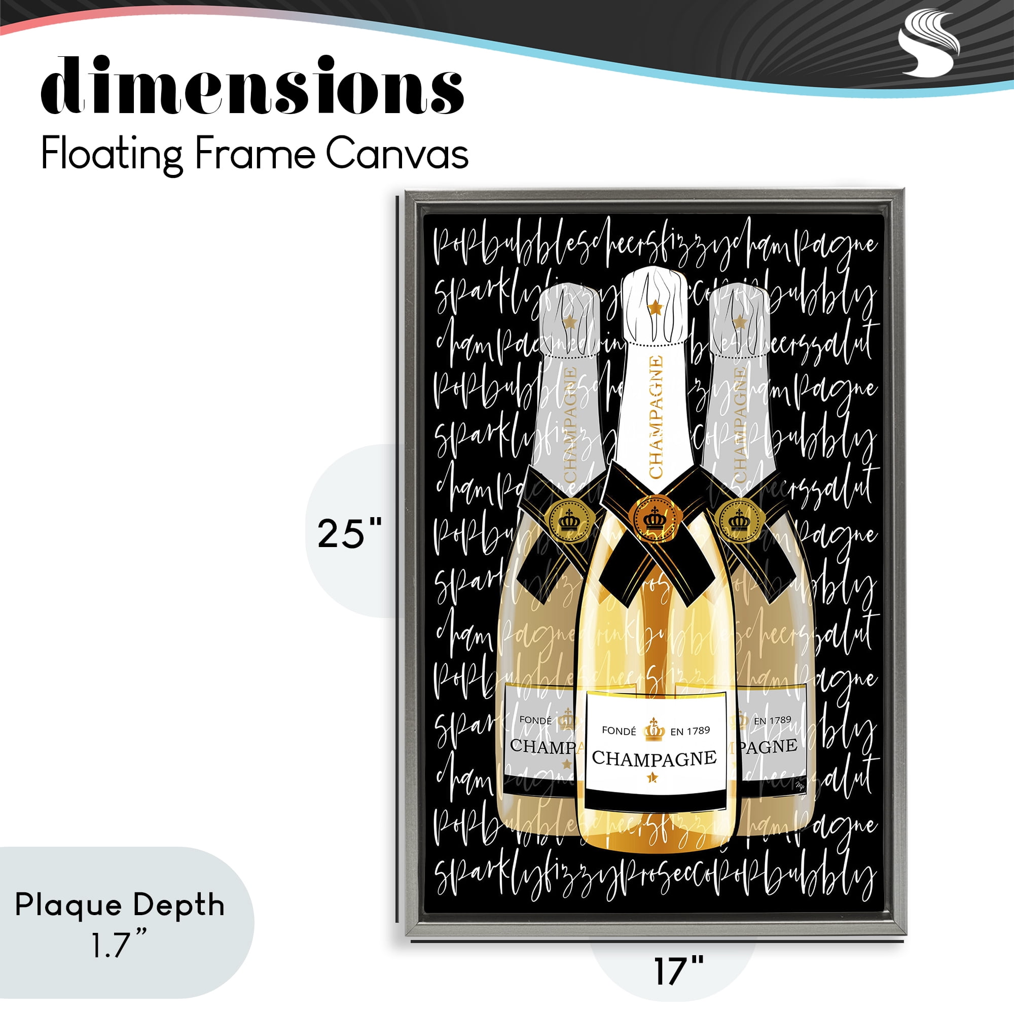 Stupell Industries Triple Champagne Bottle Love Gray Framed Floater Canvas Wall Art, design by Martina Pavlova