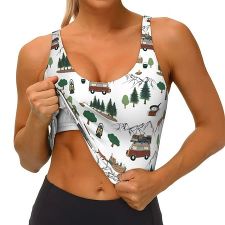 Qokaie Camping Caravan 2 Pattern Womens Scoop Neck Sports Bra Breathable Workout Vest Padded U Back Medium Impact Fitness Gym Yoga Bra Workout Crop Top
