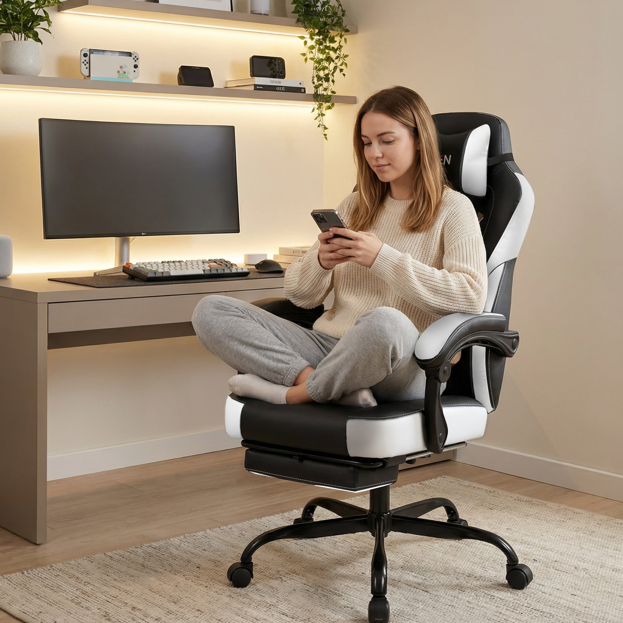 CELTOSS Gaming Chairs with Footrest, Big and Tall Gamer Chair with Headrest and Lumbar Support for adults, White