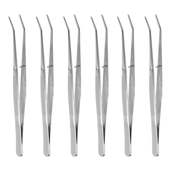 6pcs Stainless Steel Tweezers 6.1" Long Handle Curved Serrated Tip Tweezers for Craft Gardening, Silver
