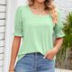 thumbnail image 2 of Tops de manga corta abombada para mujer, elegantes, informales, sueltos, con puños fruncidos, camisas de verano con cuello cuadrado para mujer, para fiesta de trabajo diario, verde claro XXL, 2 of 5