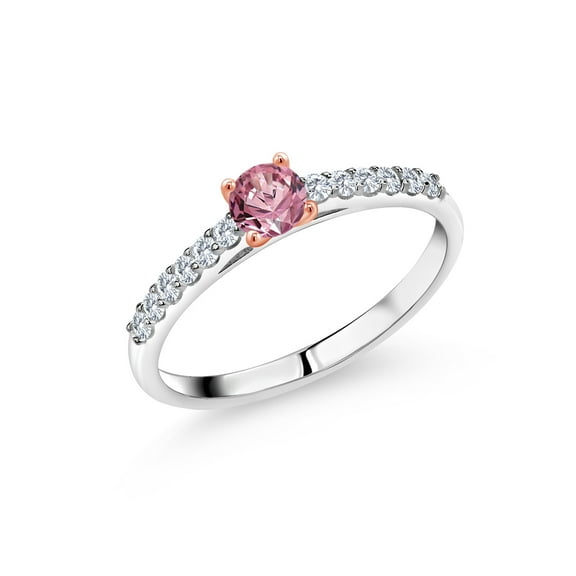 Gem Stone King 0.43 Ct 4mm Round Pink and White Lab Grown Diamond 925 Silver and 10K Rose Gold Ring (Size 8)