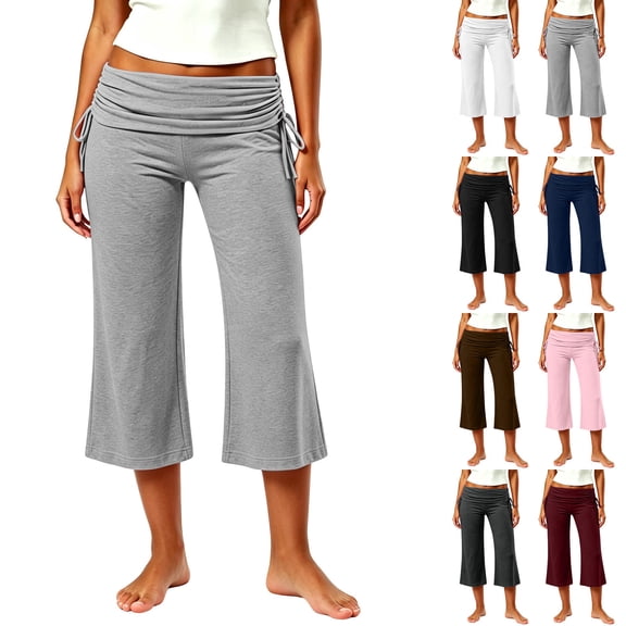 Women's Soft Stretchy Yoga Pants with Elastic Waist, Pull On Fold Over Design, Casual Lounge Gym Fitness, Cropped Leggings, Summer Athletic Activewear | UKHCCC,Black L