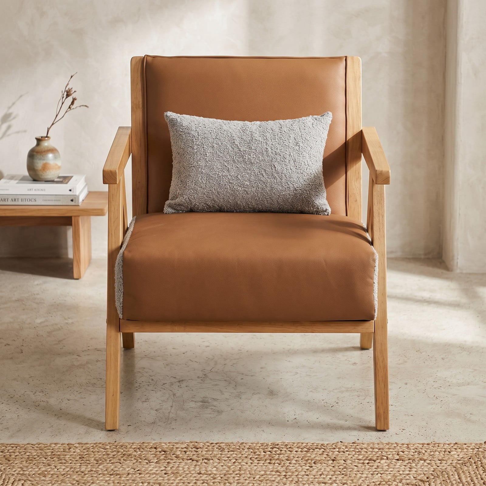 Furnibear Mid-Century Modern Accent Chair, Faux Leather Upholstered Armchair with Chenille Fabric, Rubber Wood Frame, Pocket Spring Cushion for Living Room, Brown
