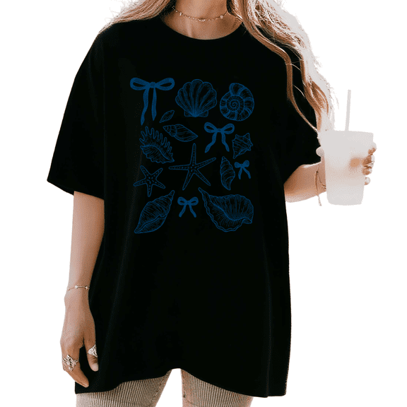 Women's Vintage Seashells & Bows Graphic T Shirt Coquette Beach Ocean Lover Breathable Short Sleeve Round Neck Top Black S-5XL
