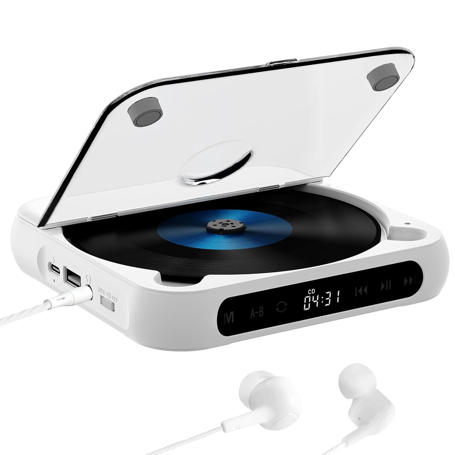 Prociv Portable CD Player, Personal CD Players with Bluetooth for Car & Travel, Rechargeable Small CD Player with Headphones, LCD Touch Screen & Anti-Skip/Shockproof White