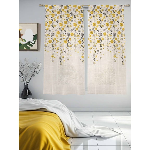 Flower Yellow Sheer Curtains 63 inches Long 2 Panels Set Grey Cherry Blossoms Cotton Linen Background Tiers Sheers Rod Pocket Small Window Short Curtains for Kitchen Cafe, Each 52" W x 63" L