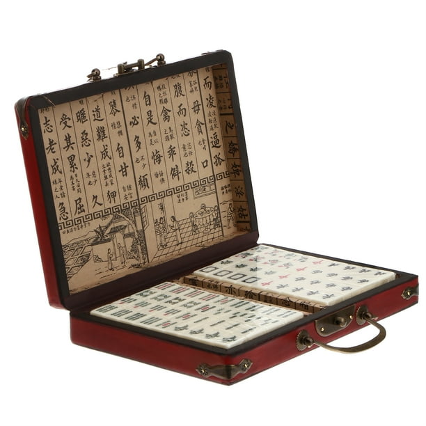 FELTECHELECTR Juego de Mahjong portátil de viaje Archaise Mahjong tradicional chino con estuche de cuero antiguo y manual en inglés.