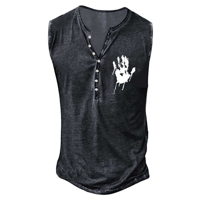 Débardeur Homme Été Mode Rétro Basique à Boutons Sans Manches avec Petit Imprimé pour Hommes T-Shirt Classique Imprimé