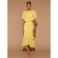 thumbnail image 3 of Light Yellow Womens Tiered Ruffle Hem Midi Dress With Flared Short Sleeves And Round Neck For Evening Or Cocktail, 3 of 7