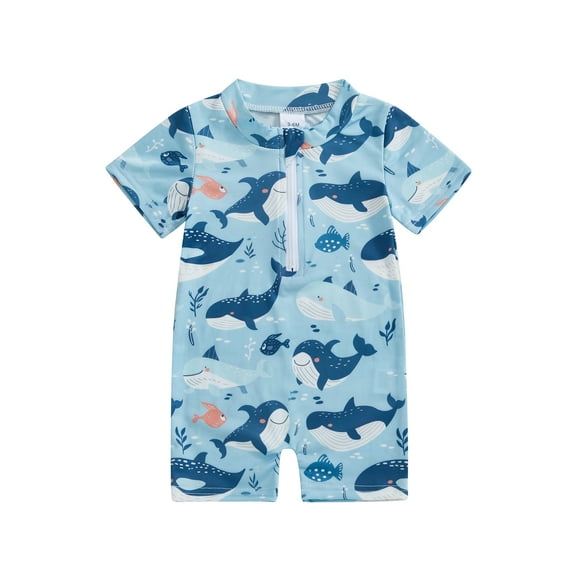 aturustex Little Boys Rash Guard Swimsuit 0-3T Toddler Baby Short Sleeve Jumpsuits Swimwear Crew Neck Rompers Sea Animal Print Zip Up Bathing Suit Infant Fashion Cute Beachwear for Holiday Sea