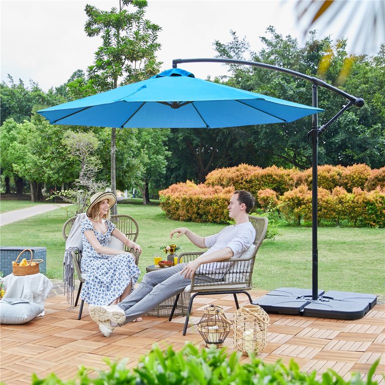 10ft outdoor patio sun shade umbrella hanging offset Outsunny 10ft. Solar LED Cantilever Umbrella, Offset Hanging Umbrella with  360 Rotation, Cross Base, 8 Ribs, Tilt and Crank for Yard, Khaki