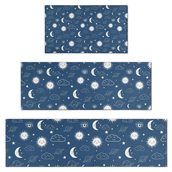 Blue Sun Moon Cloud Planet Eye Star Pattern Kitchen Rugs Sets Of 3,Kitchen Runner Rugs Non Skid Washable,Decorative Kitchen Floor Mats for Kitchen,Sink,Laundry,17"x30" 17"x47" 17"x59"