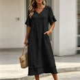 thumbnail image 6 of Admvng Womens Casual Dress Short Sleeve Pockets V Neck Flowy Summer Linen Dress, 6 of 9