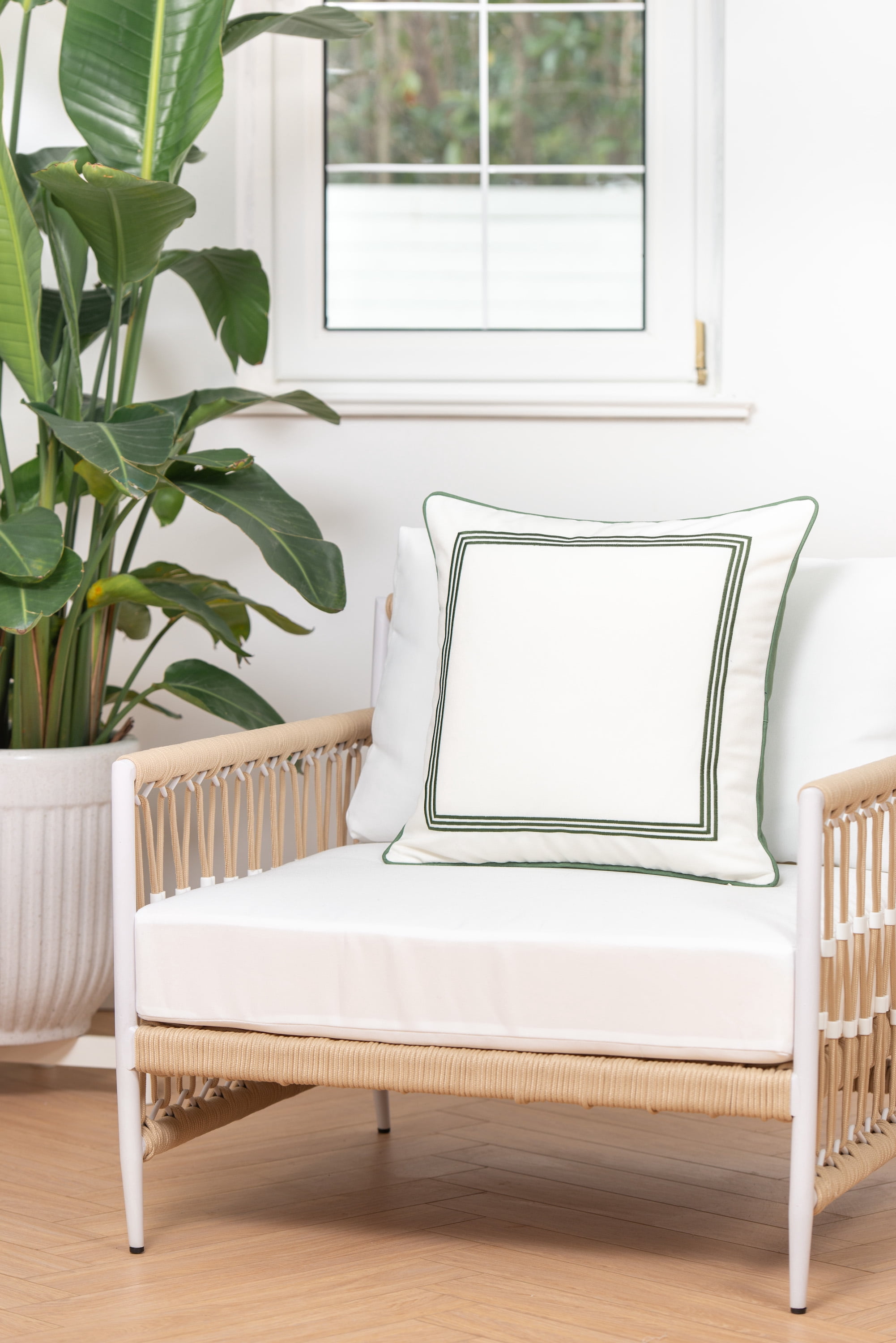 Hofdeco Premium Coastal Patio Indoor Outdoor Pillow Cover Only, 20"x20" Water Resistant for Backyard, Couch, Green Embroidered Square Line