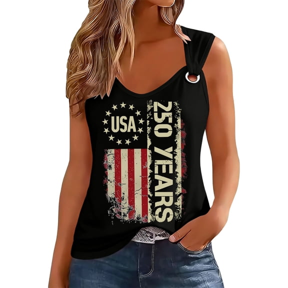 WAYUTE Womens 250th Anniversary USA Shirt Us National Flag Printed Sleeveless Tank Top with Metallic Ring Stylish 4th of July T Shirts