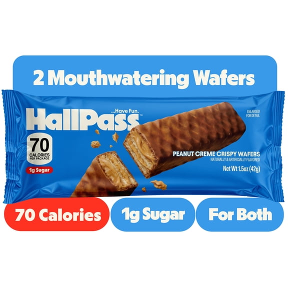 HallPass Peanut Crème Crispy Wafers Pack, 1.5 oz – Sweet and Salty Chocolatey Peanut Wafers, 70 Calories and 1g Sugar per Serving
