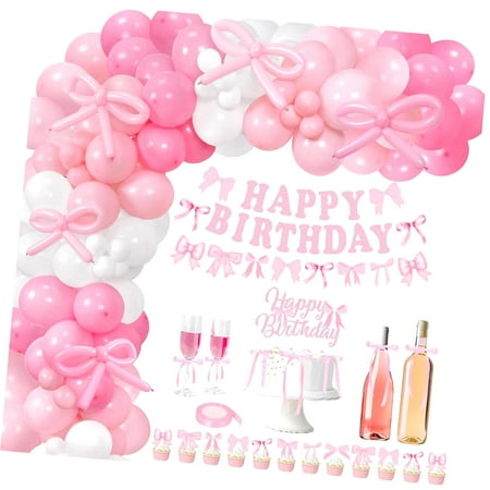 SKYSONIC Bow-Themed Birthday Decor Kit, Including Balloon Arch, Banner, Cake Toppers, and Satin Ribbon for Bow Parties.