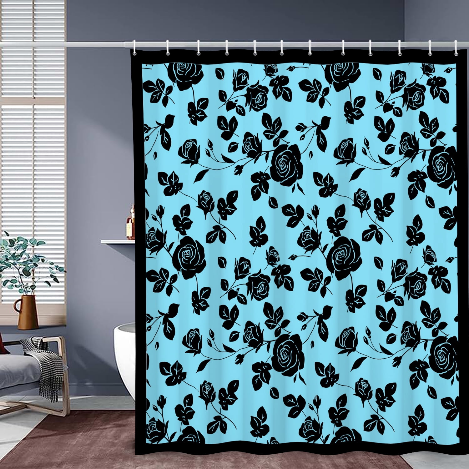 MIZHONA Black and Blue Floral Shower Curtain Vintage Rose Print Waterproof Fabric Bathroom Curtain 47x64 in