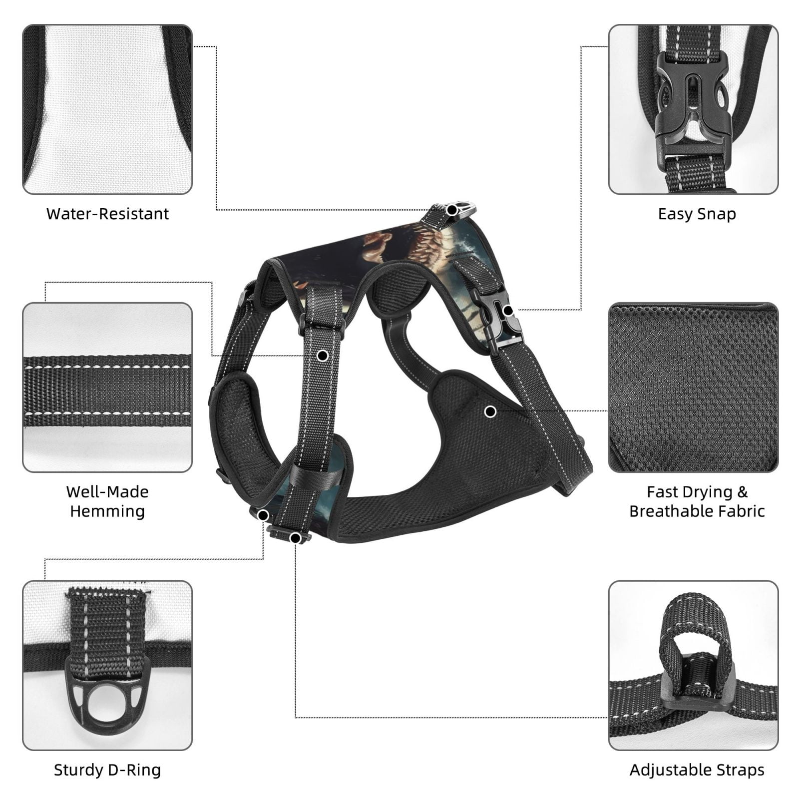Kdxio Wave Sailboat Shark Print No Pull Dog Harness Adjustable Reflective Oxford Easy Control Medium Large Dog Harness for Training and Everyday-Medium