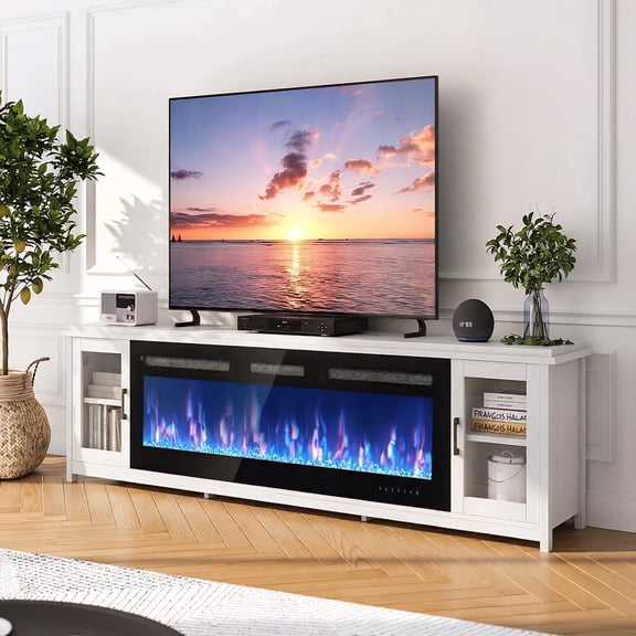 80" Electric Fireplace TV Stand, Alexa & Wi-Fi Controlled Entertainment Center with Glass Door Cabinets, Fits TV up to 90", 12 Flame Colors & 5 Brightness Levels, White