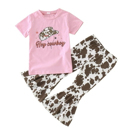

Rovga Outfits For Girls Toddler Short Sleeve Brown Cow Printed Tops Bell Bottoms Trousers Pants 2Pcs Set Outfits For 12-18 Months