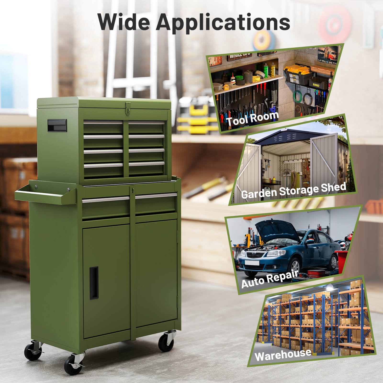 Costway 2 in 1 Tool Chest & Cabinet with Sliding Drawers Rolling Garage Organizer Green
