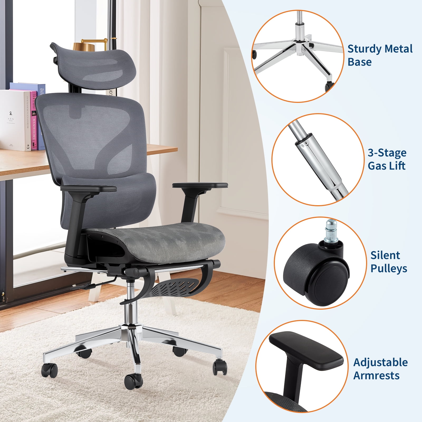 Ergonomic High Back Mesh Office Chair with 3D Adjustable Armrests, Lumbar Support, Seat Depth Adjustment, Retractable Footrest, and Smooth Rolling Wheels for Home Office