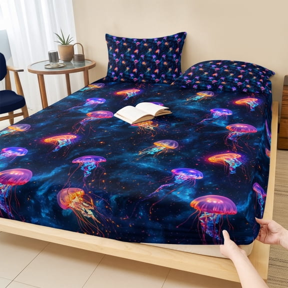 Twin Sze Fitted Sheet Set - Jellyfish 2 Piece Bedding Sets 16" Deep Pocket Fitted Sheet with 1 Pillowcase, Blue Urple Orange Ocean Starry Sky Coastal Brushed Microfiber Hotel Luxury Bed Sheets