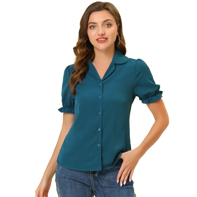 INSPIRE CHIC Women's Collar Top Button Front Short Sleeves to Work Shirt Lake Blue M