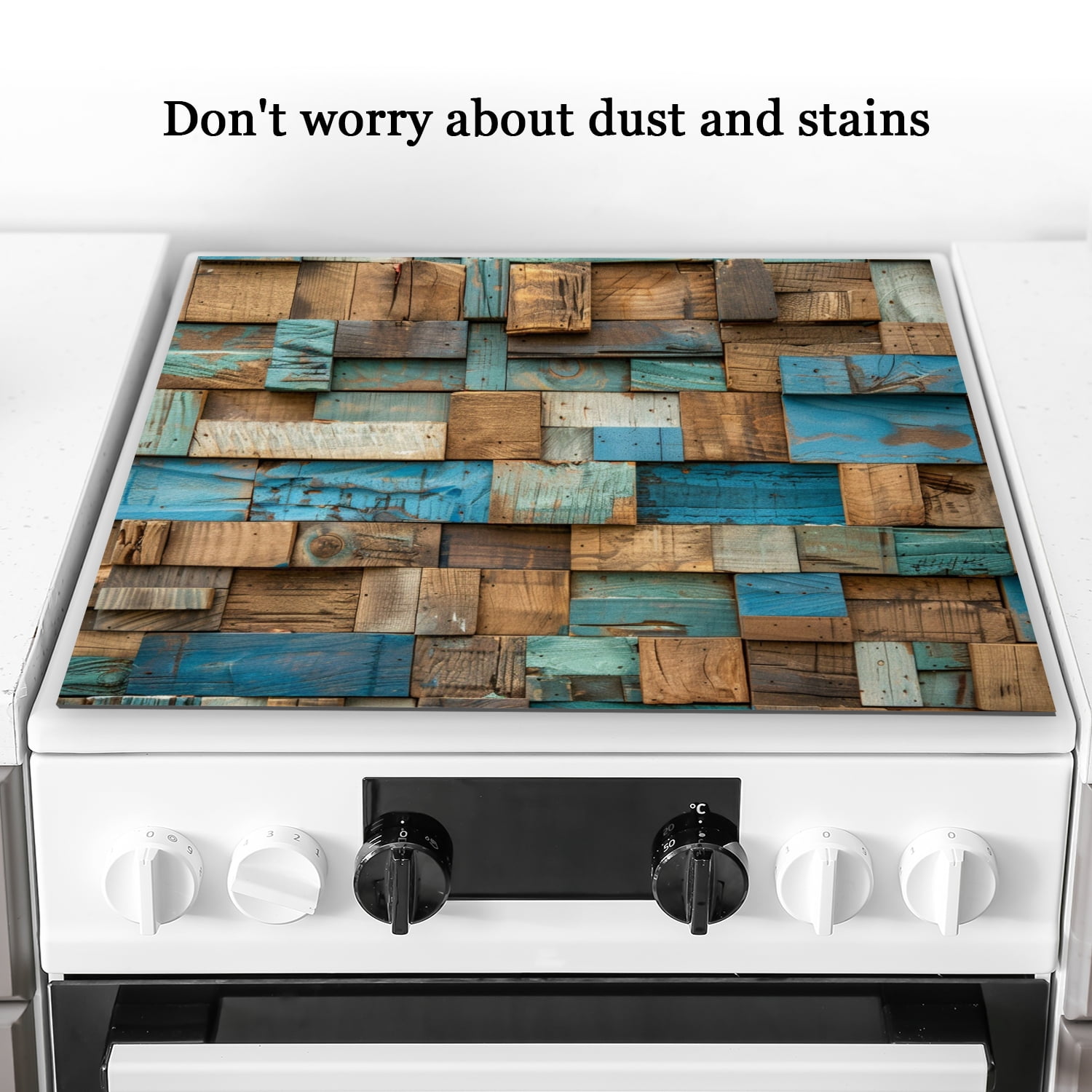 Kitchen Flat Stove Top Covers for Electric Stove, Blue and Brown Wood Rustic Distresed Pattern Non-slip Glass Cooktop Protector, Heat Resistant Pad for Kitchen RV (28×20 Inch)