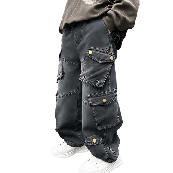 AINIYS Boys Cargo Denim Pants Baggy Wide Leg Jeans with Multiple Pockets for Streetwear Black 4-5Years