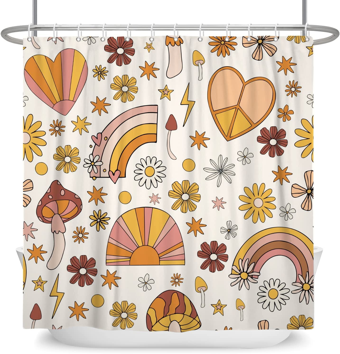 72x84 Inch Colorful Boho Rainbow Shower Curtain Daisy Flower Vintage