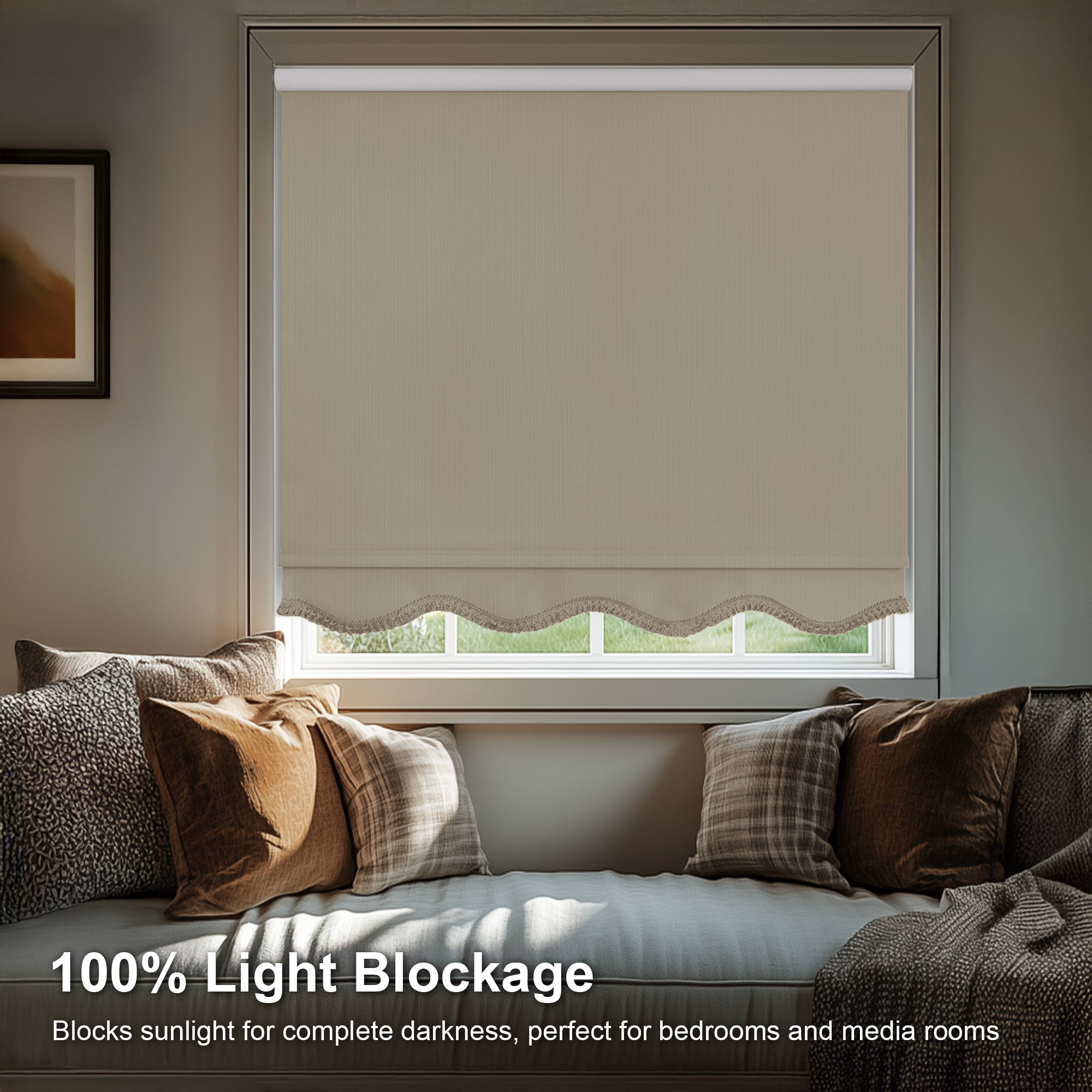 Chicology Textured Blackout Roller Shades with Fringe | Cordless Light Filtering Window Blinds |66.75"W X 64"H | Decorative Privacy Shades for Home & Office | Easy Install | Sand